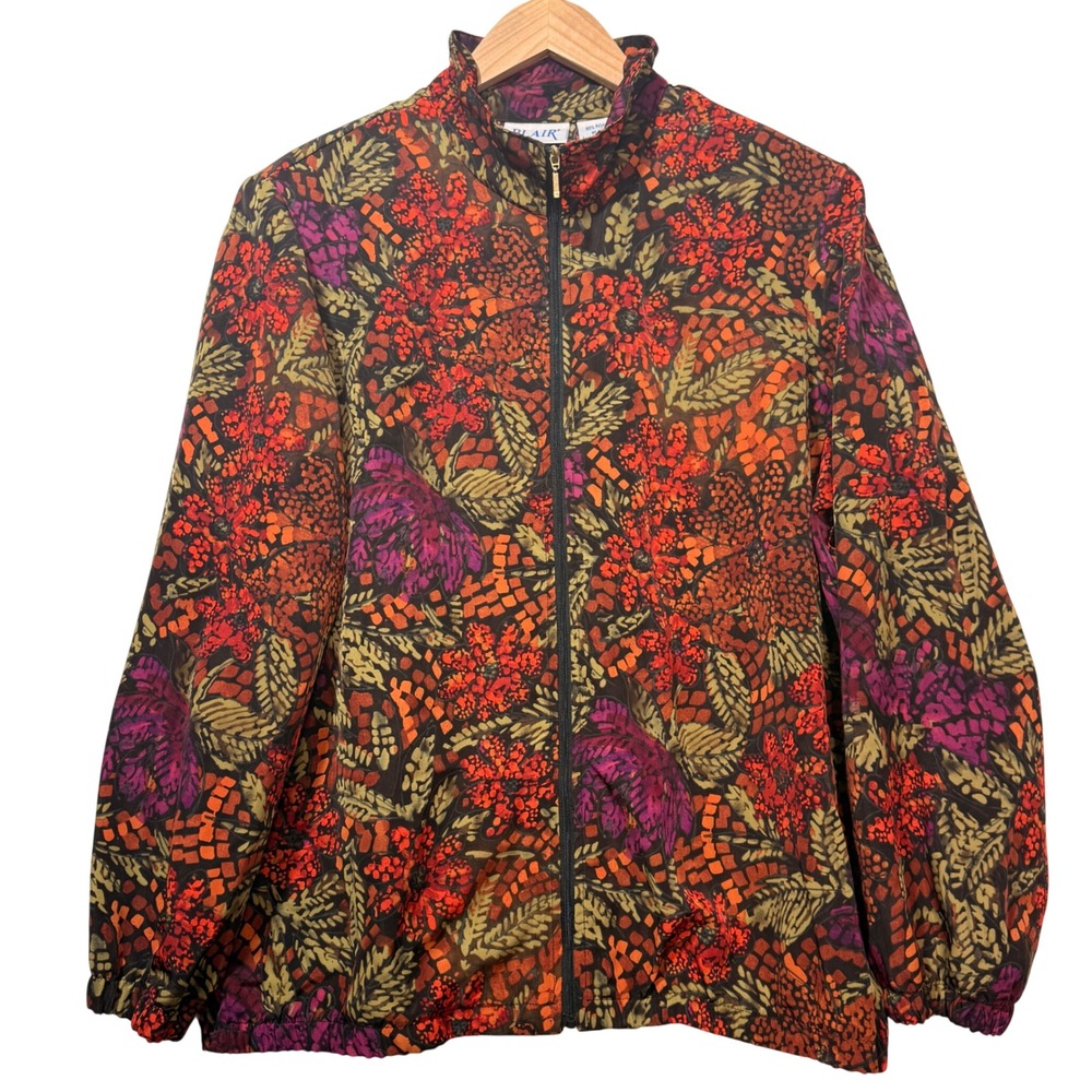 Blair Womens Large Floral Mosaic Full Zip‎ Windbreaker Jacket Mock Neck
